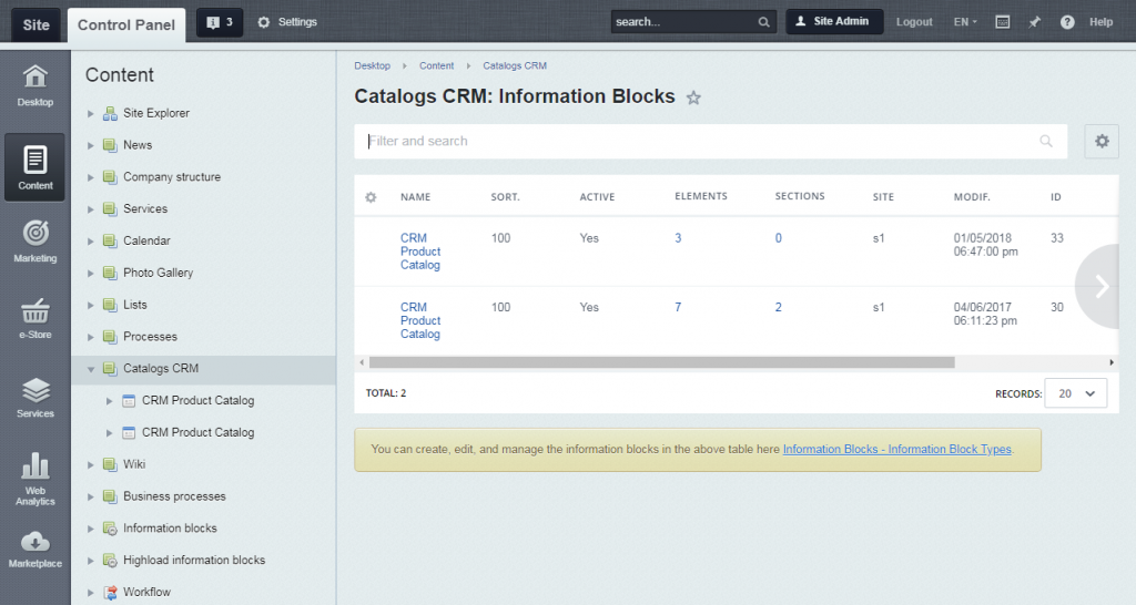 Dashboard of the Bitrix CMS
